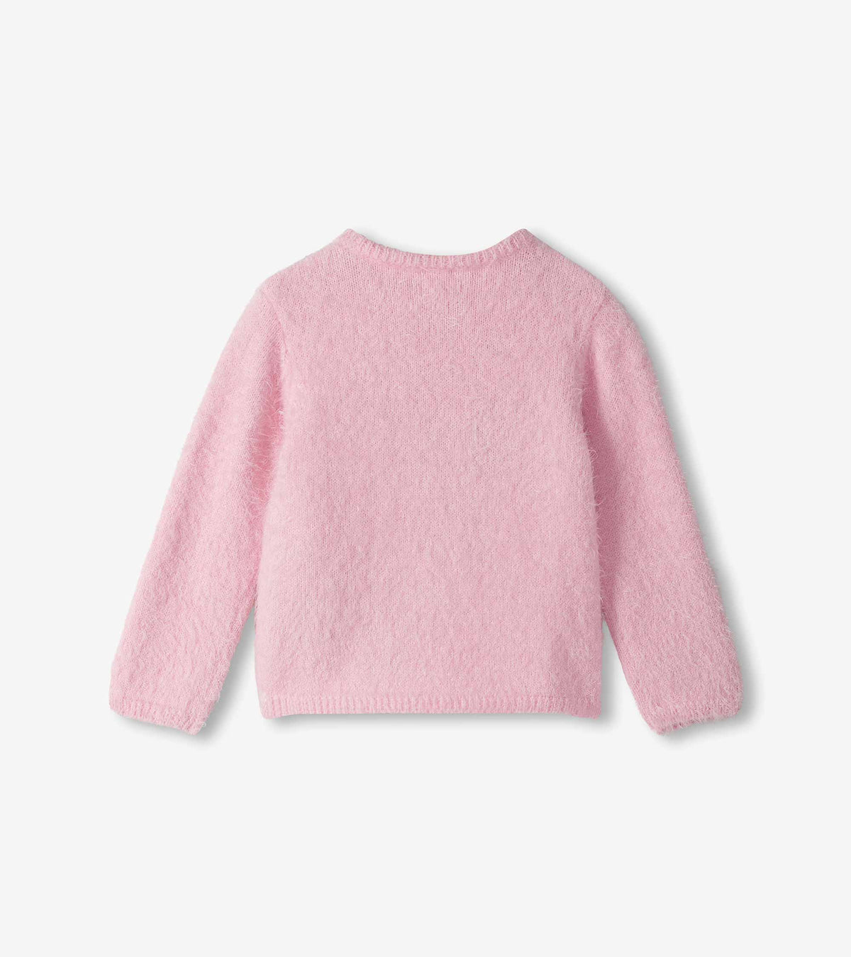 Back view of a pink long sleeve sweater with a plain design