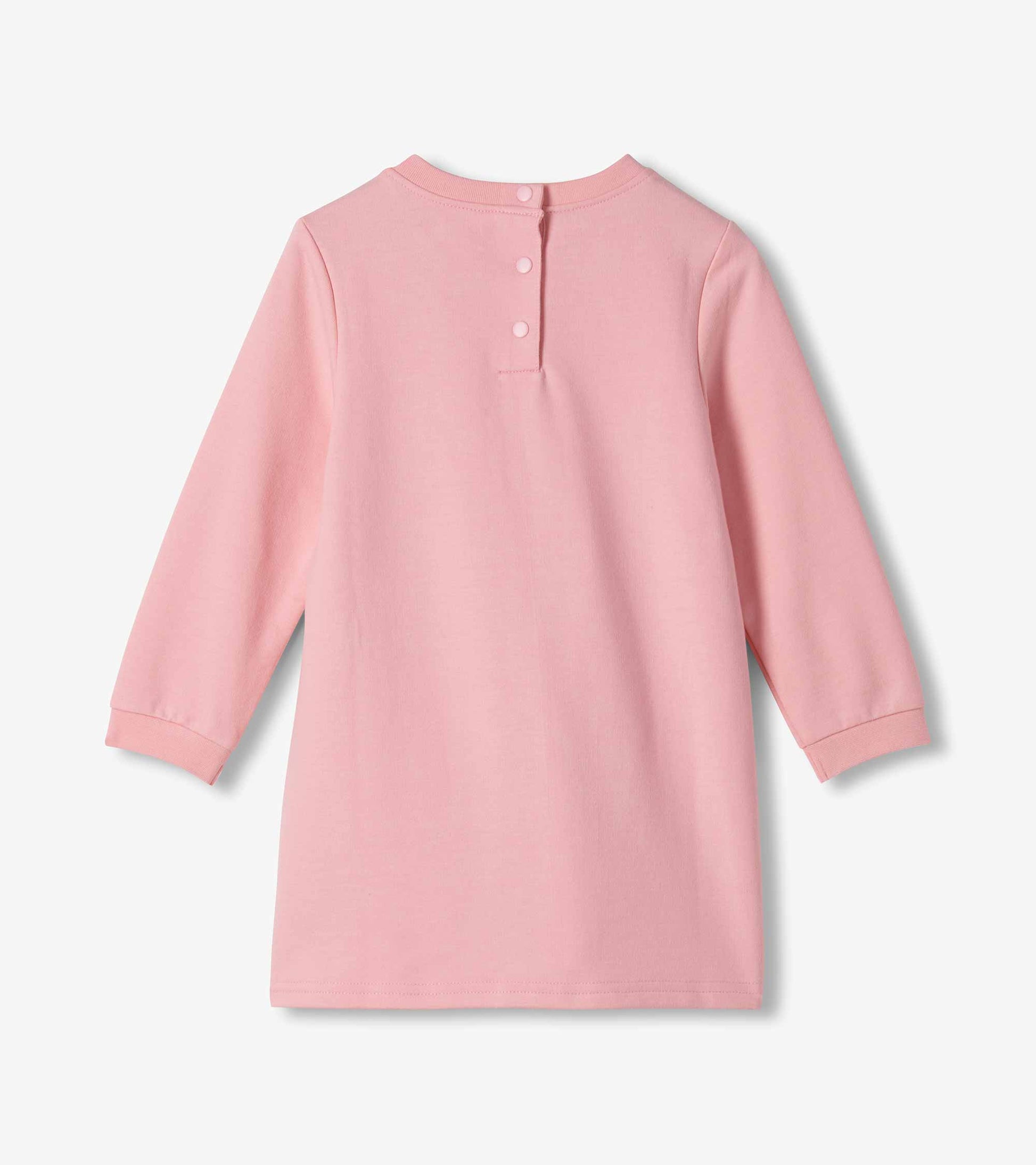 Back view of pink long sleeve toddler dress with snap placket at the neck