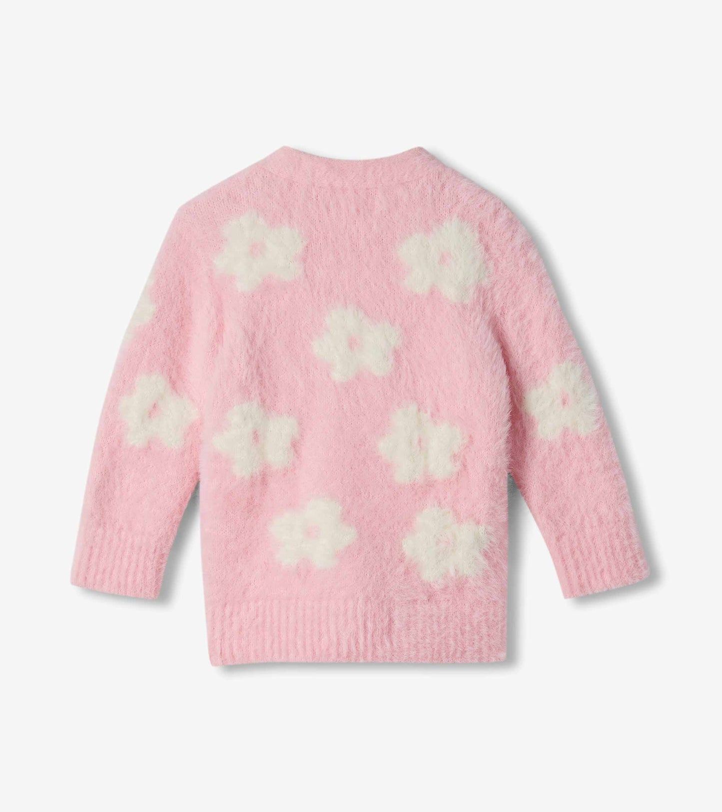 Back view of pink fuzzy cardigan with cream flower pattern, long sleeves, and ribbed hem and cuffs