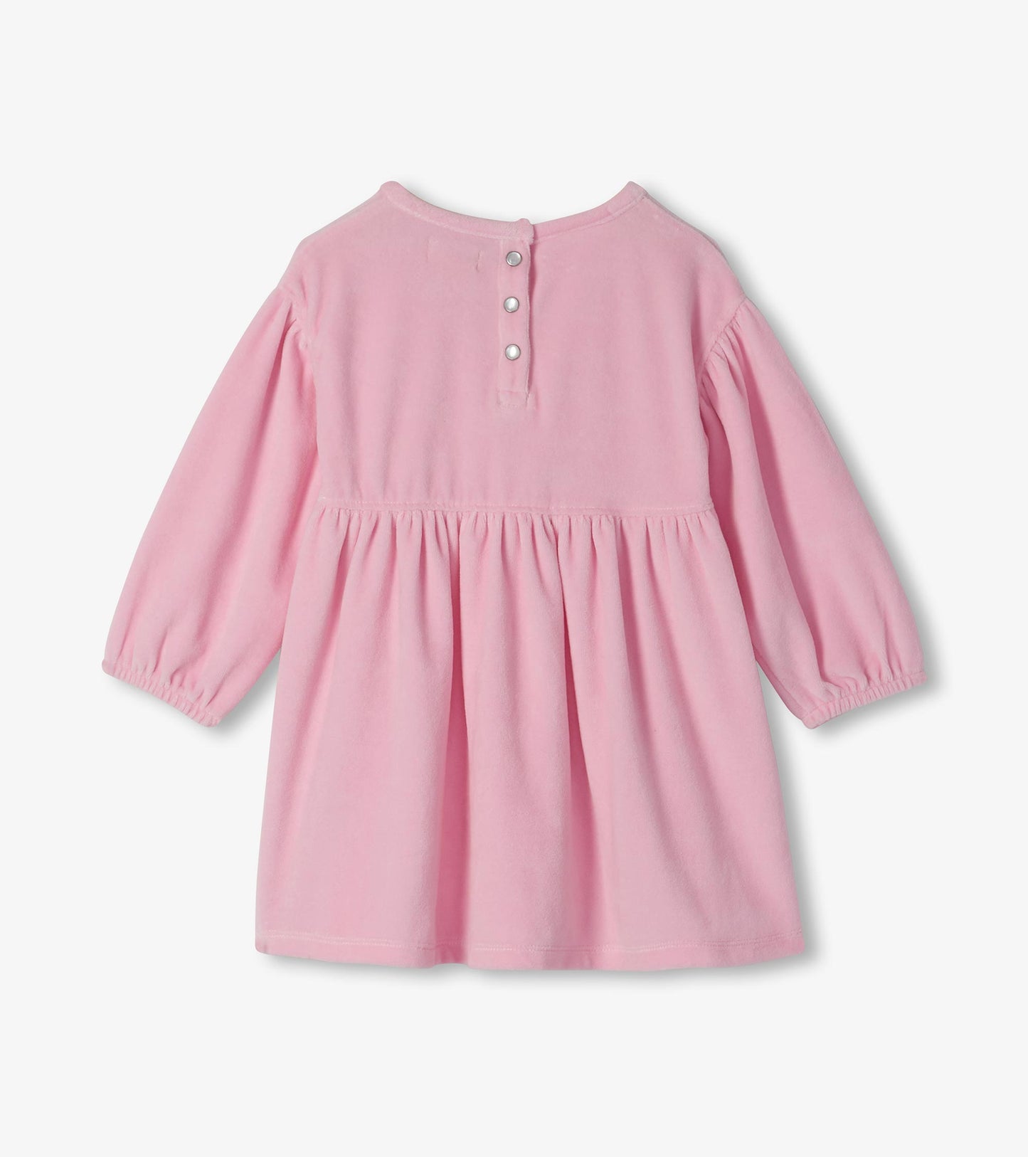 Back view of orchid pink toddler dress with long puff sleeves, gathered skirt and snap placket