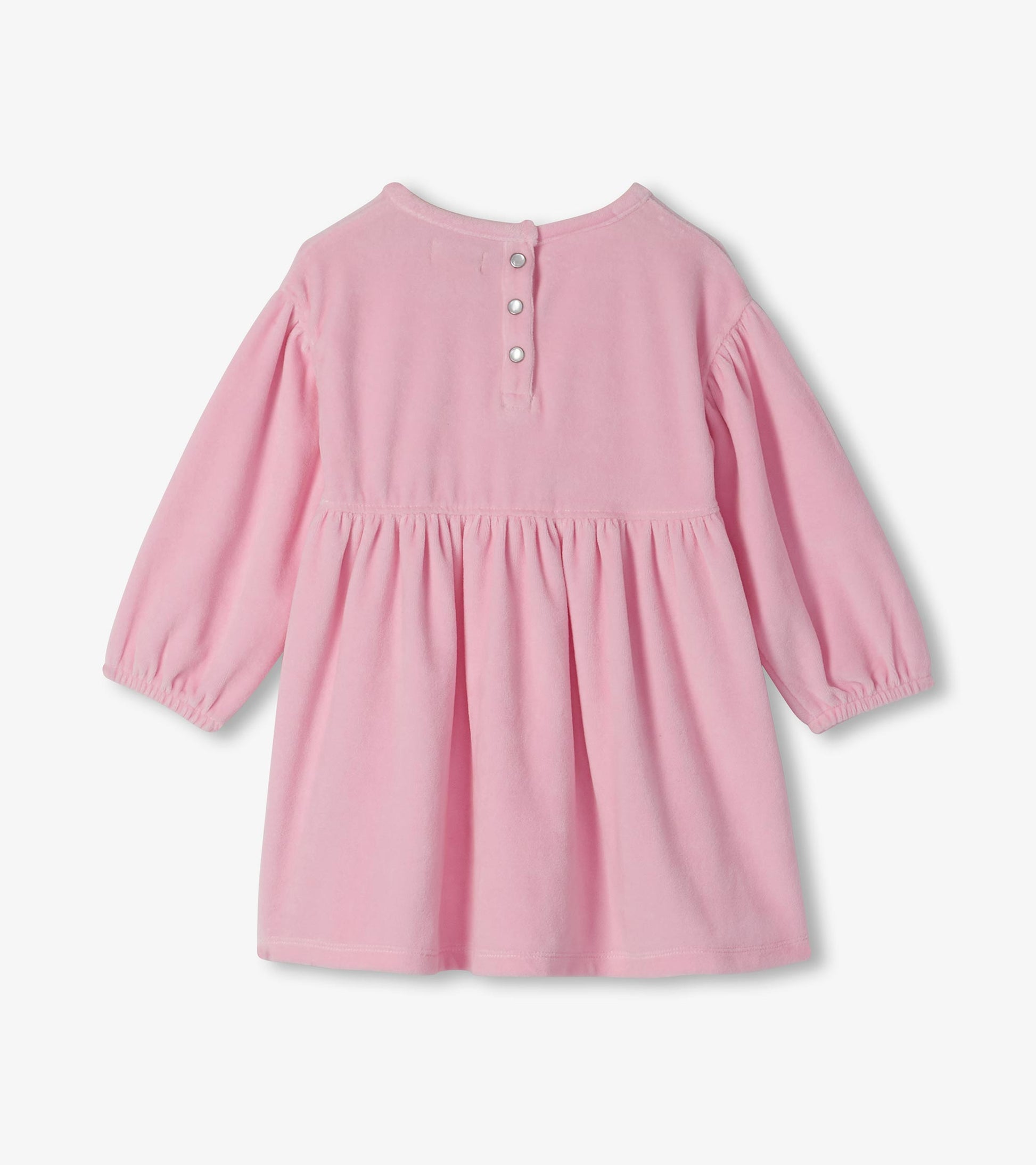 Back view of orchid pink toddler dress with long puff sleeves, gathered skirt and snap placket