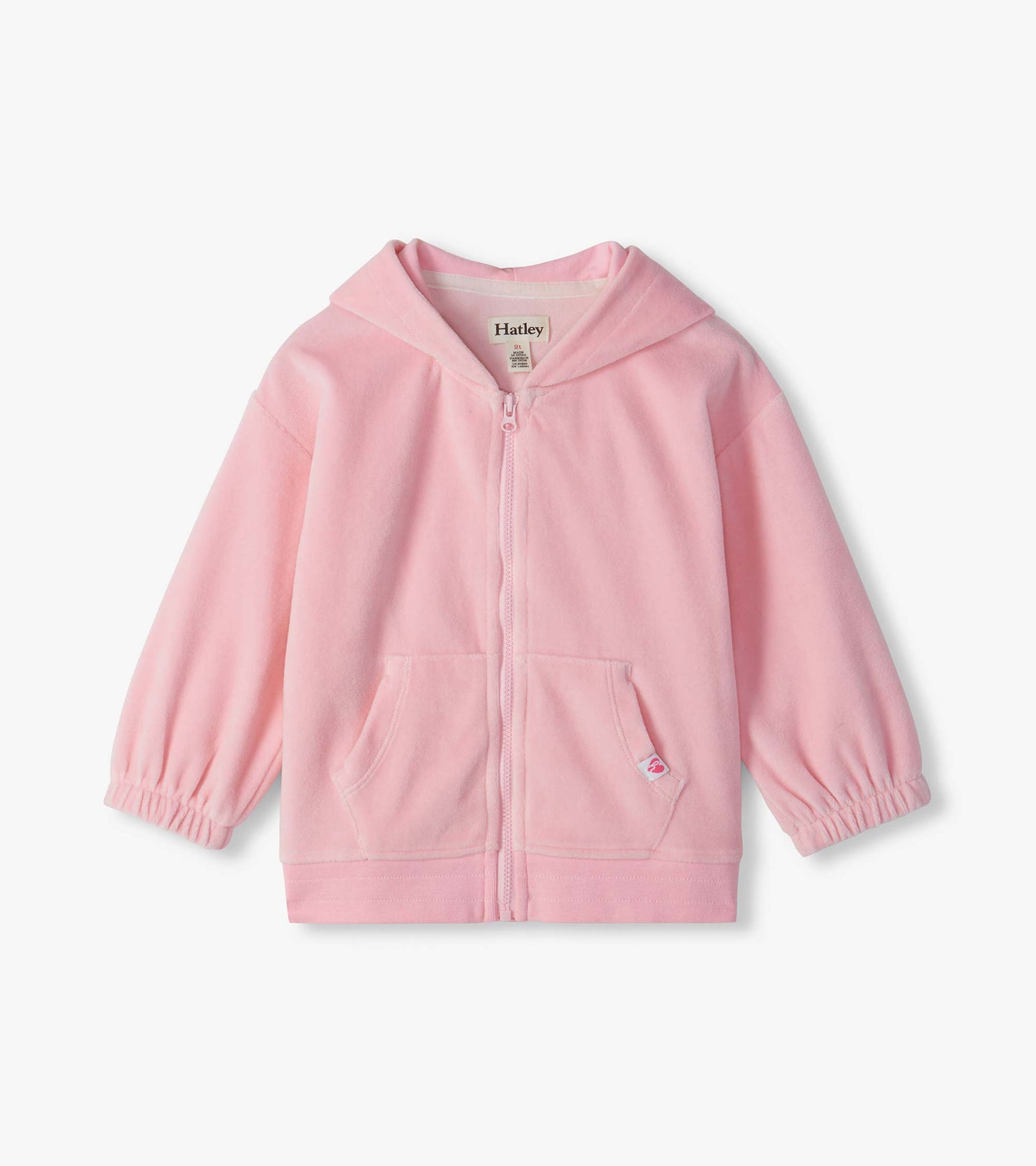 Orchid pink full zip hoodie with hood, front pockets, and elastic cuffs