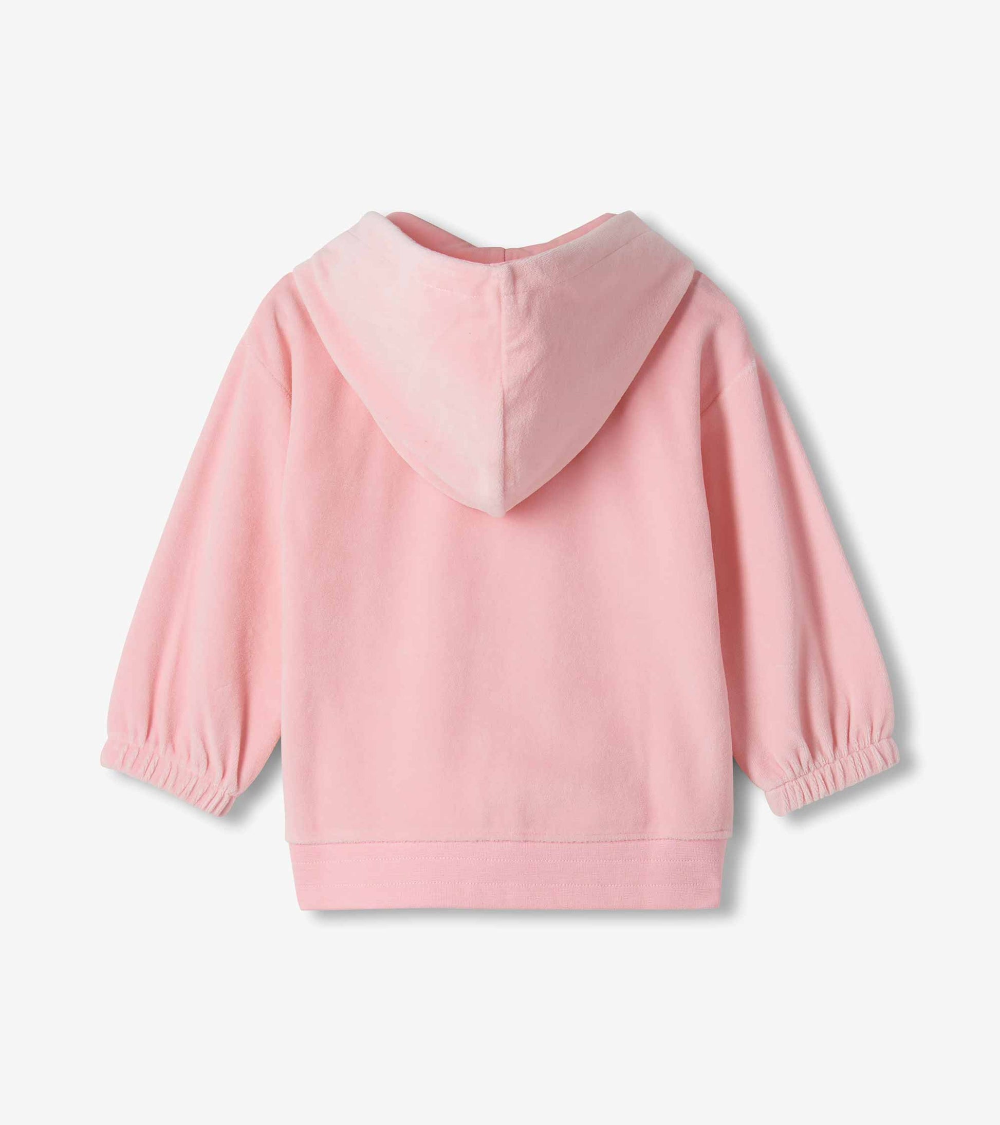 Back view of orchid pink hoodie with hood, long sleeves, and elastic cuffs