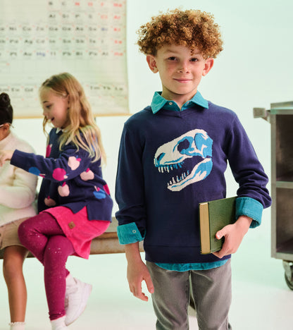 Boy wearing a navy V-neck sweater with a large blue and white dinosaur skull graphic on the front