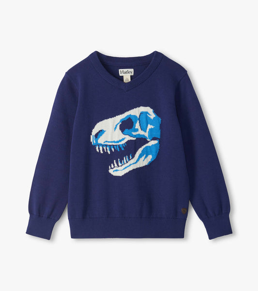 Blue V-neck kids sweater with a large dinosaur skull graphic on the front