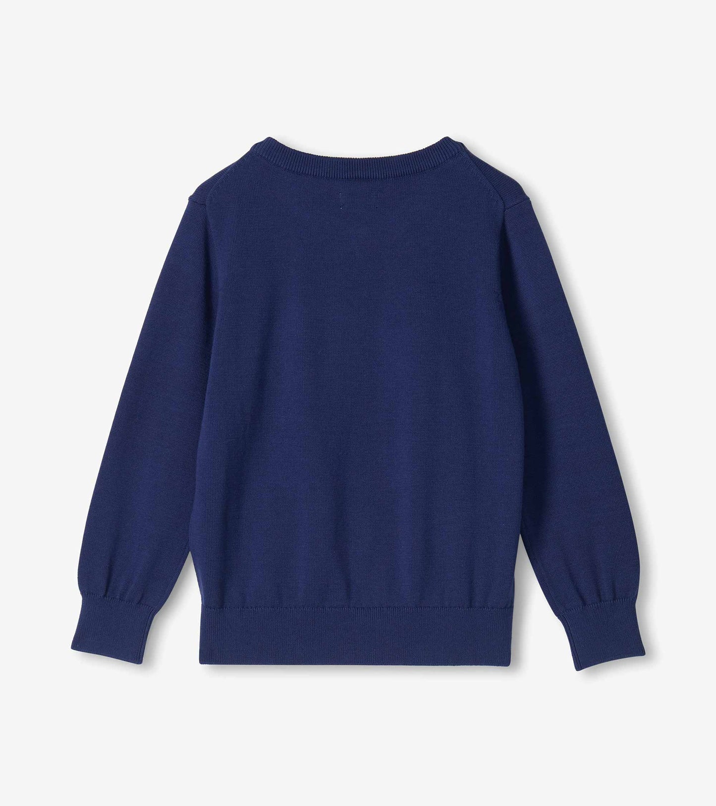 Back view of a navy boys sweater with long sleeves, ribbed hem, and ribbed cuffs