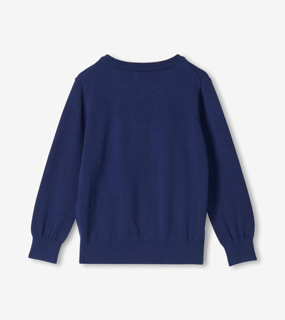 Back view of a navy boys sweater with long sleeves, ribbed hem, and ribbed cuffs