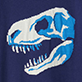 Blue and white dinosaur skull illustration on a dark background
