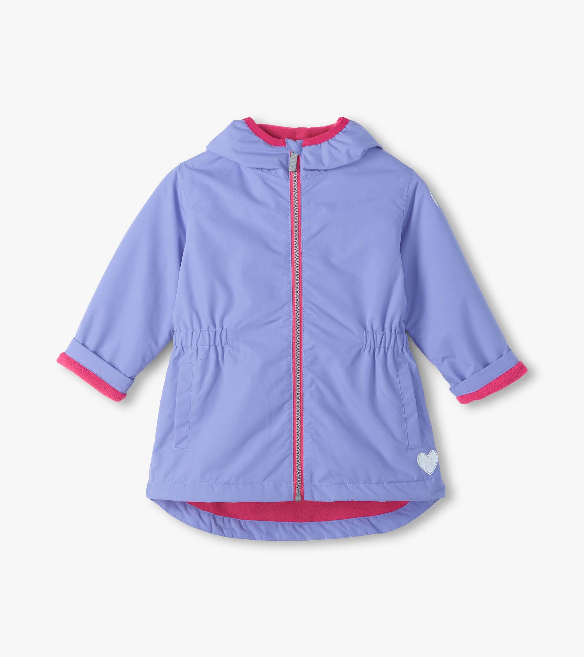 Front view of lavender hooded field jacket with pink zipper, pink lining, pockets, and small heart detail