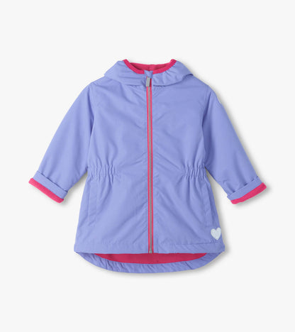 Front view of lavender hooded field jacket with pink zipper, pink lining, pockets, and small heart detail