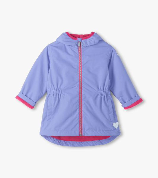 Front view of lavender hooded field jacket with pink zipper, pink lining, pockets, and small heart detail