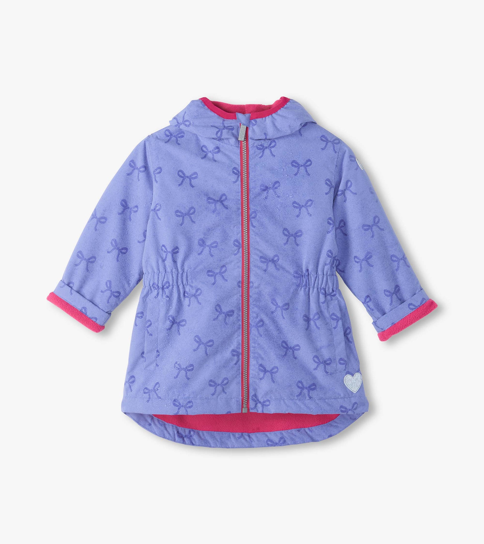 Front view of lavender hooded field jacket with bow print, pink zipper, and pink lining at cuffs and hem