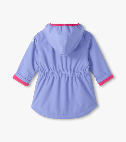 Back view of lavender hooded field jacket with elastic waist and pink lining at collar and cuffs