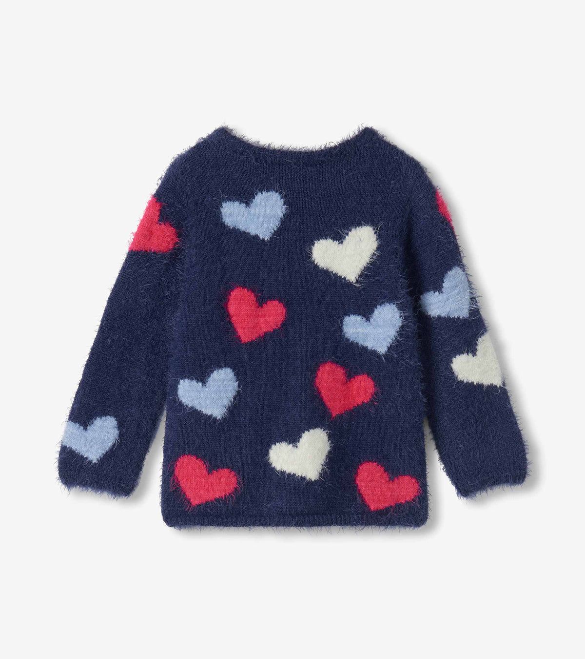 Back view of girls navy sweater with red, light blue, and white heart pattern