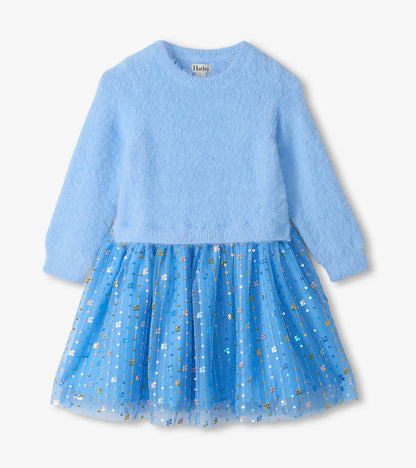 Front view of girls blue long-sleeve dress with fuzzy knit top and blue sequin mesh skirt