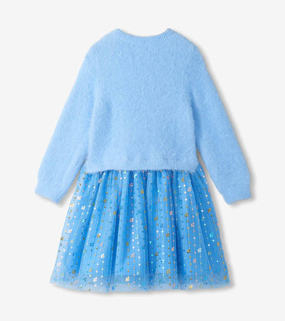 Back view of girls blue dress with fuzzy long-sleeve knit top and blue sequin mesh skirt