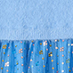 Blue curtain with small orange and white floral pattern