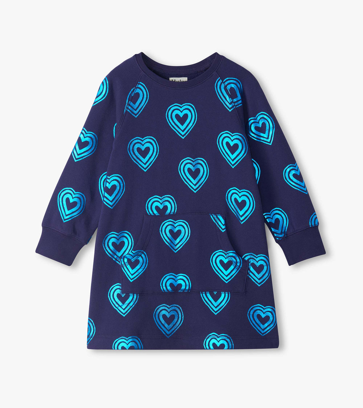 Front view of navy girls sweatshirt dress with bright heart print, long sleeves, ribbed cuffs, and kangaroo pocket