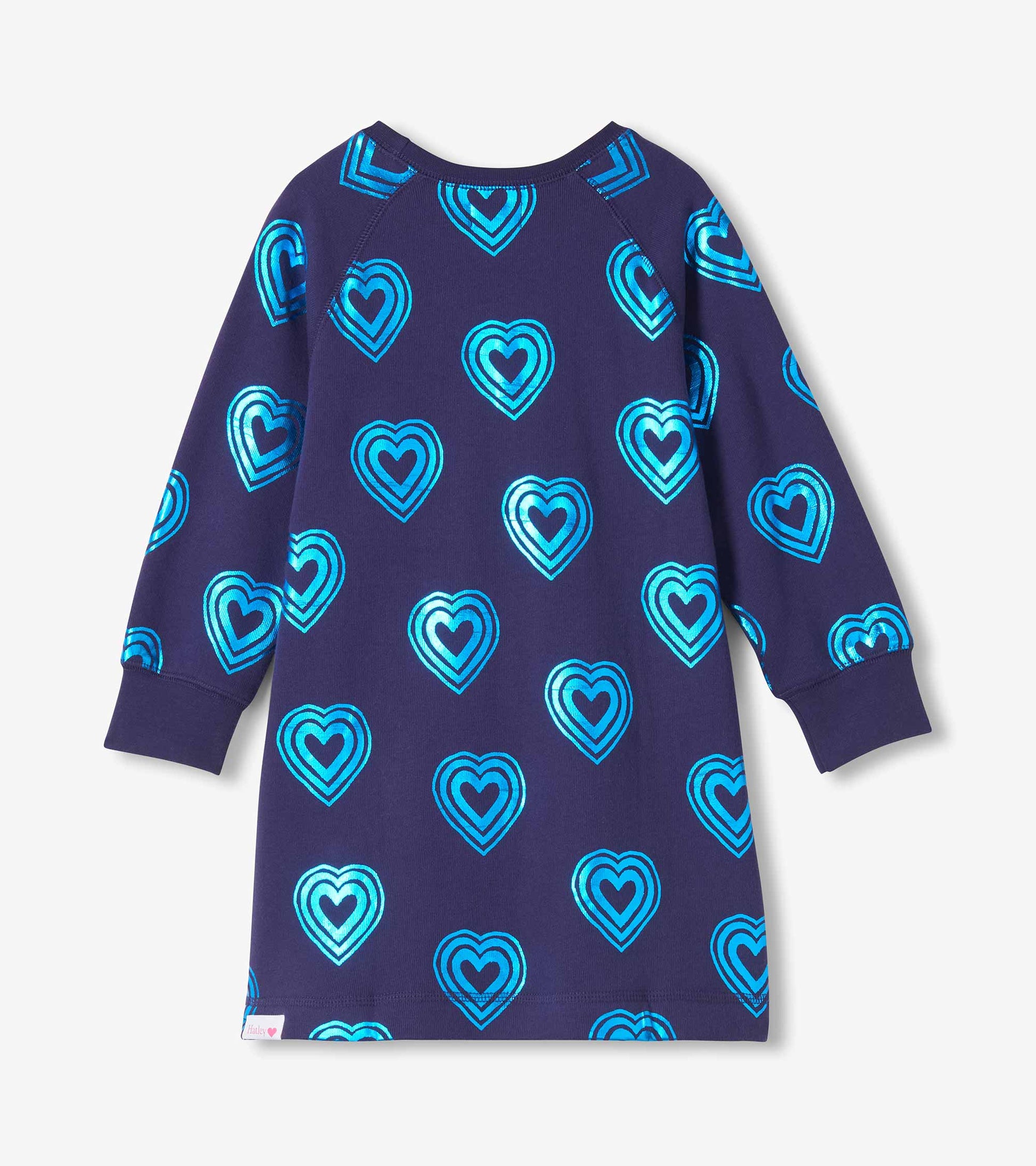 Back view of navy girls sweatshirt dress with bright heart print, long raglan sleeves, and ribbed cuffs