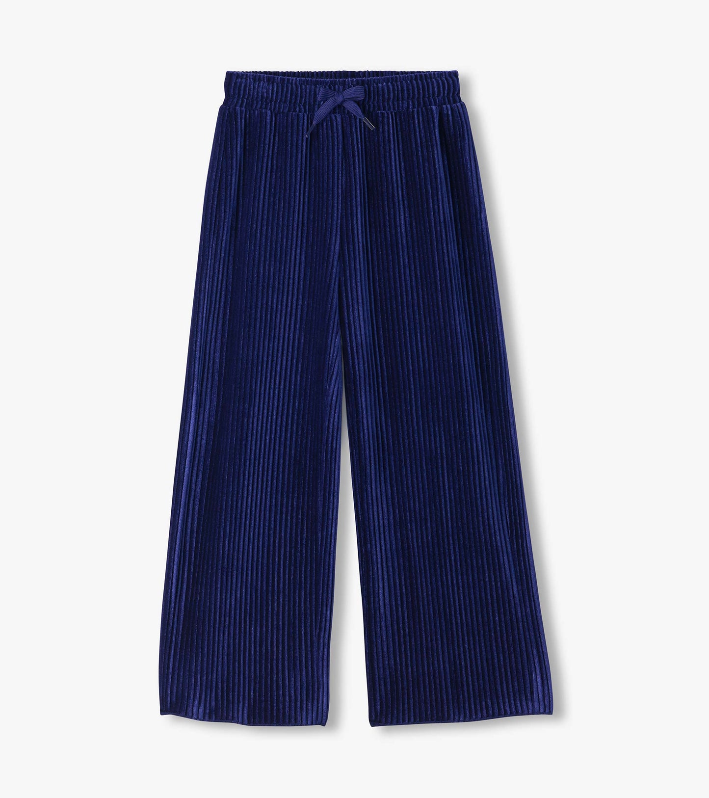Front view of navy pleated relaxed pants with an elastic waist, drawstring, and wide legs