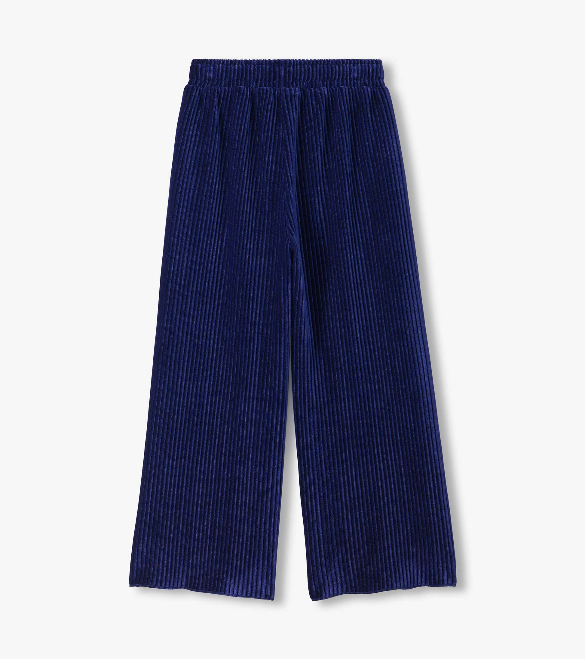 Back view of navy pleated relaxed pants with an elastic waist and wide legs
