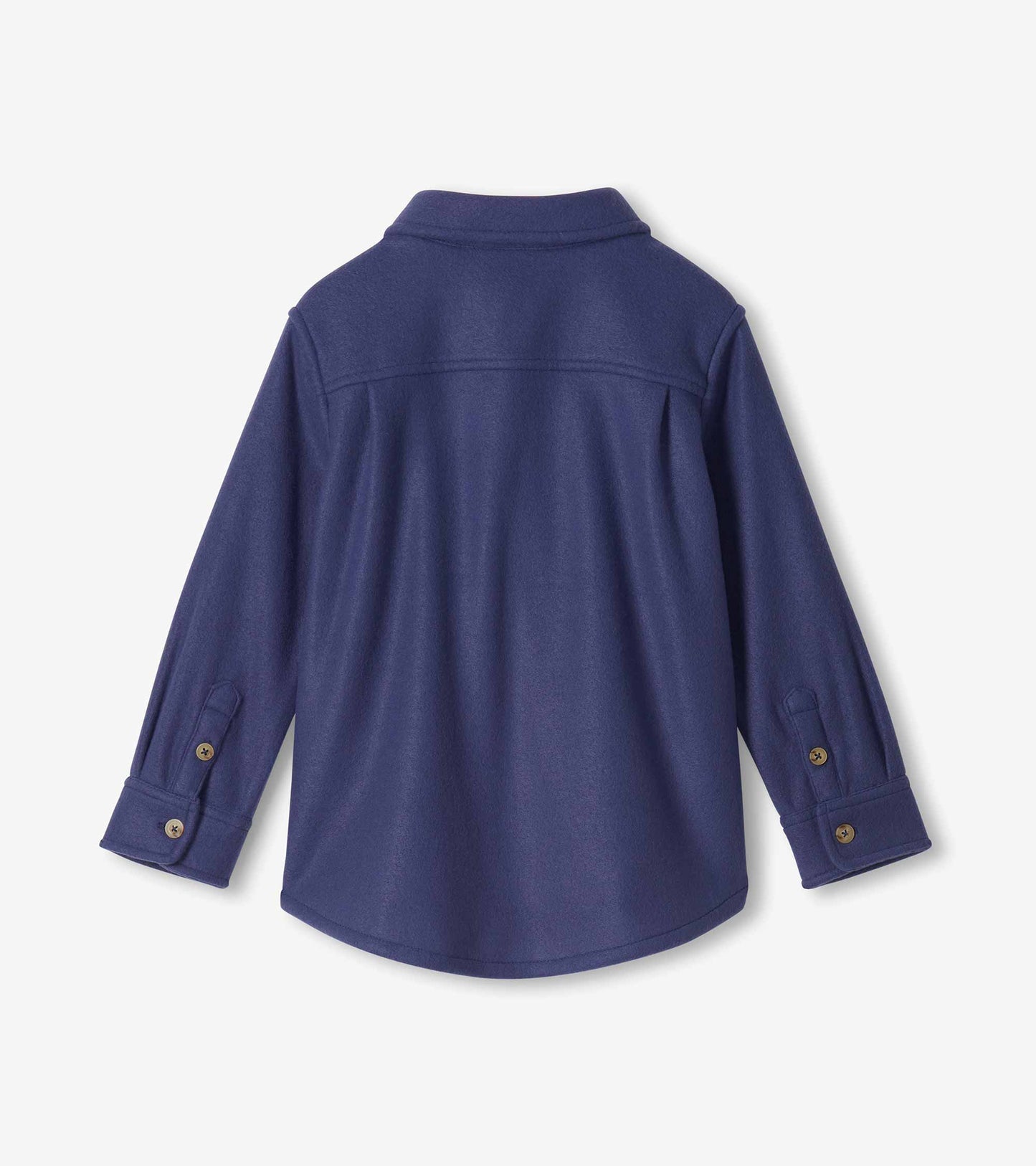 Back view of boys patriot blue fleece button-down shirt with collar, back yoke, curved hem, and button cuffs