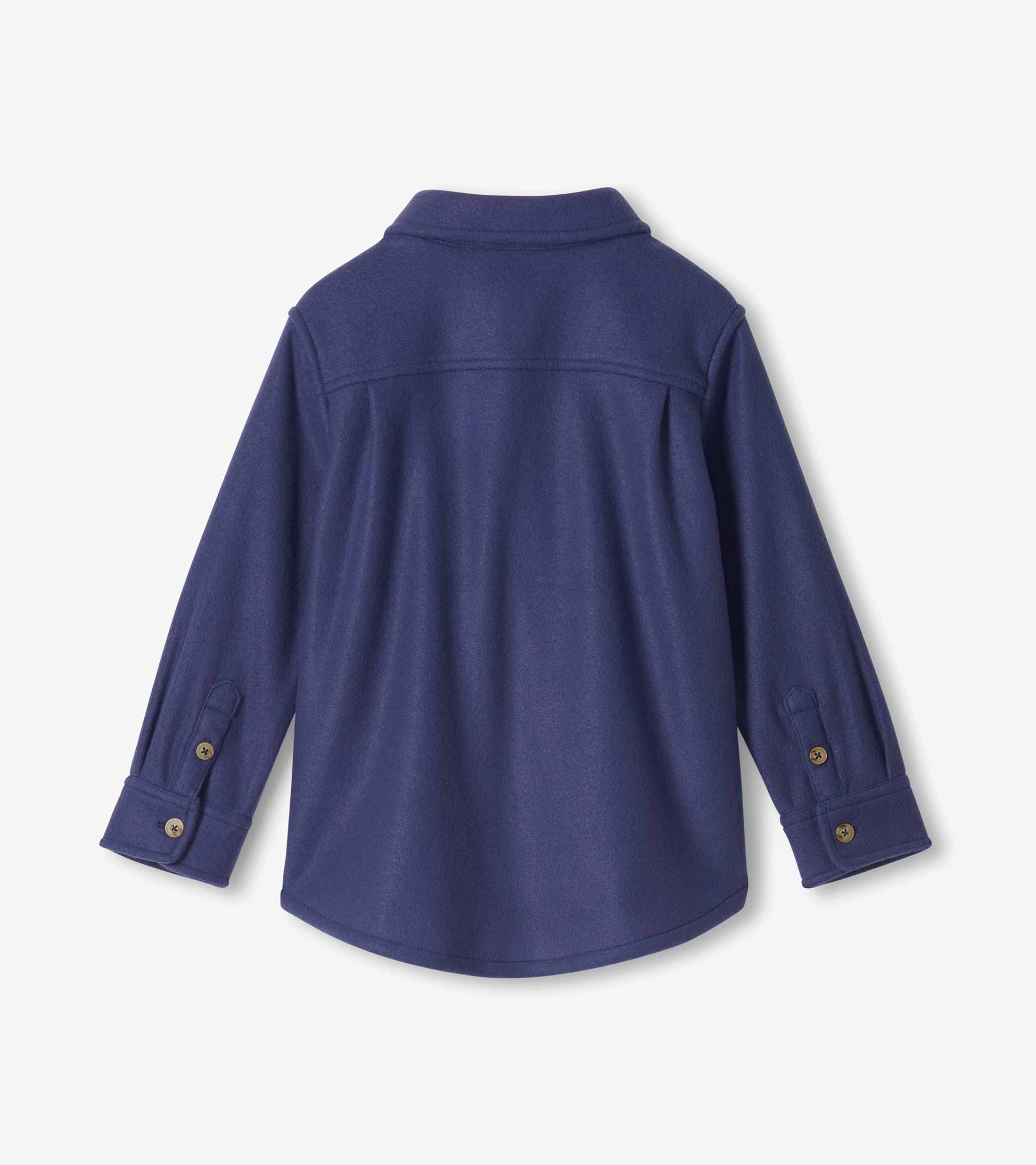 Back view of boys patriot blue fleece button-down shirt with collar, back yoke, curved hem, and button cuffs
