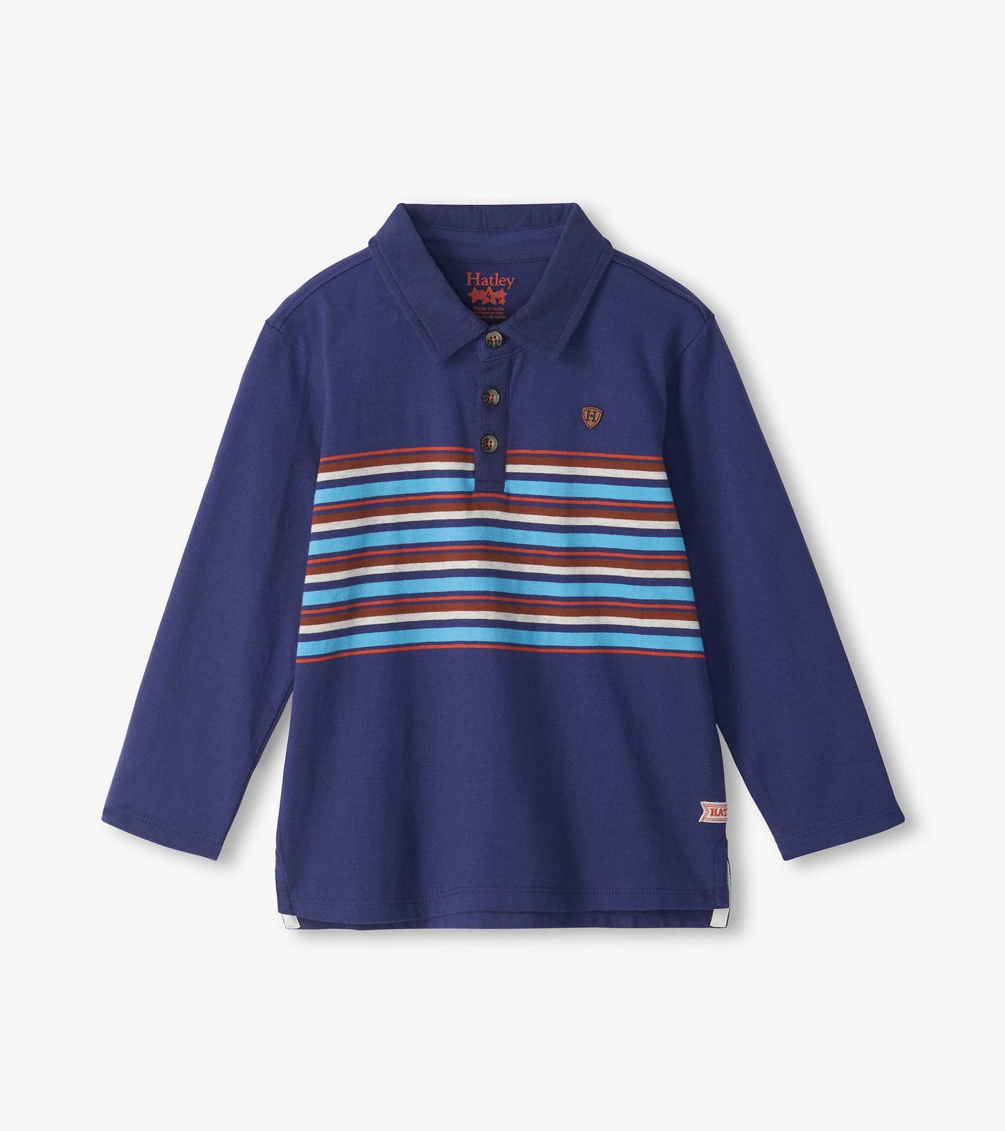 Kids blue rugby shirt with collar, button placket, long sleeves, and multicolor chest stripes