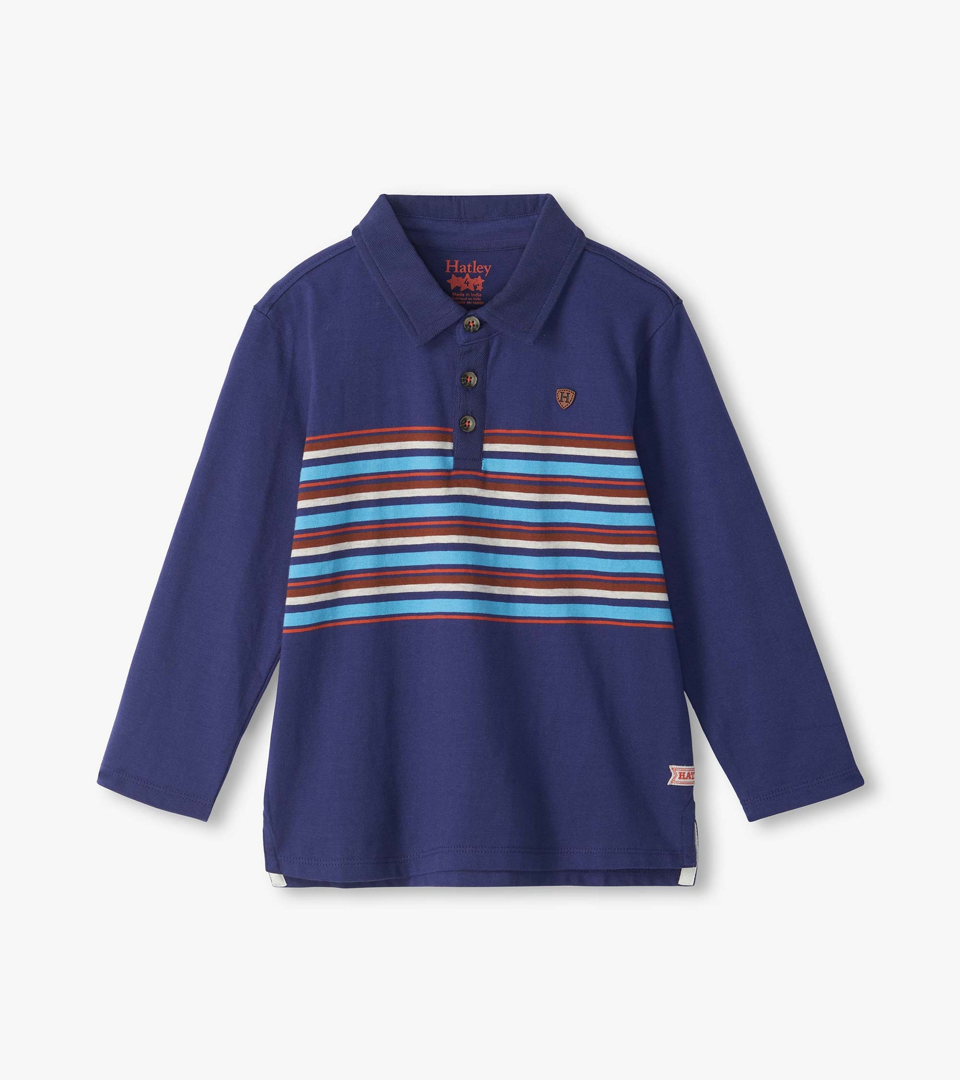 Kids blue rugby shirt with collar, button placket, long sleeves, and multicolor chest stripes