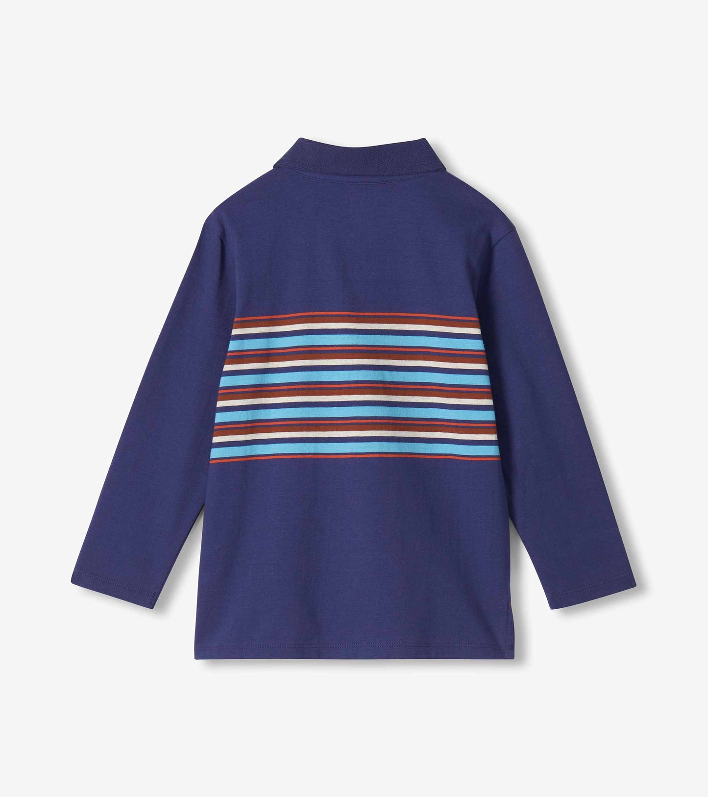 Back view of boys patriot blue rugby shirt with long sleeves and multicolor stripe panel across the upper back