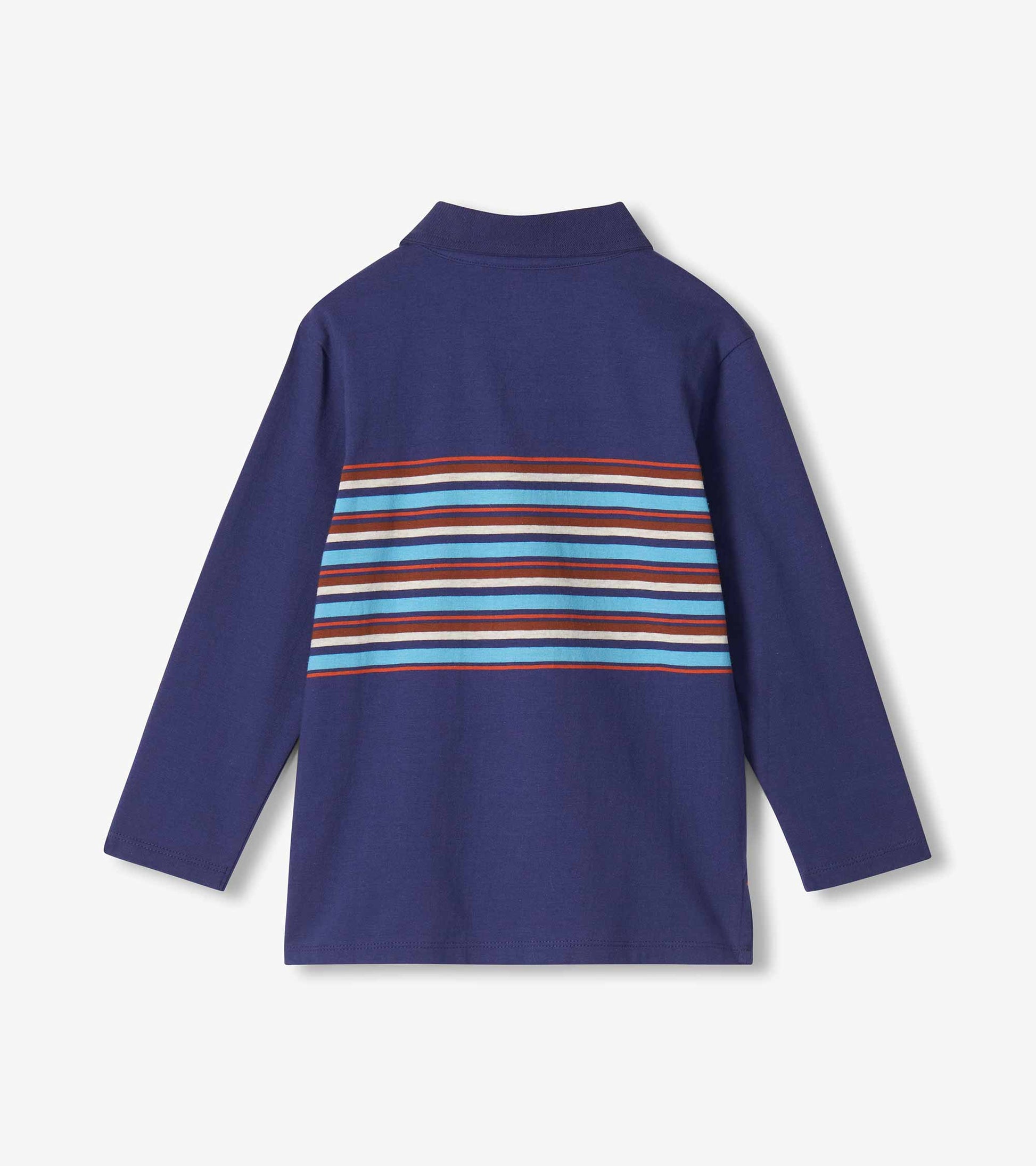 Back view of boys patriot blue rugby shirt with long sleeves and multicolor stripe panel across the upper back