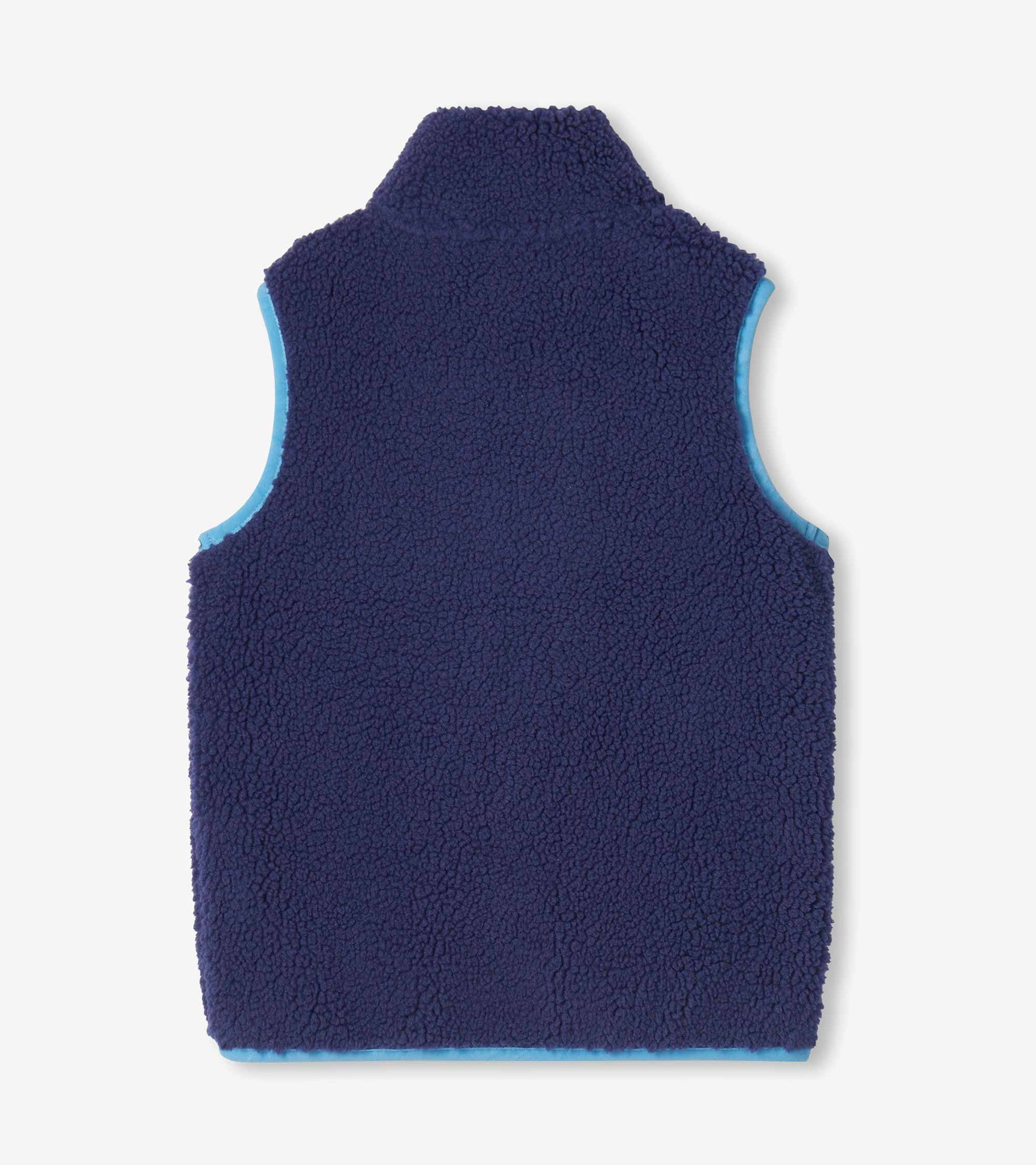 Back view of boys patriot blue sherpa vest with mock collar and light blue trim at armholes and hem
