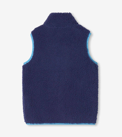 Back view of boys patriot blue sherpa vest with mock collar and light blue trim at armholes and hem