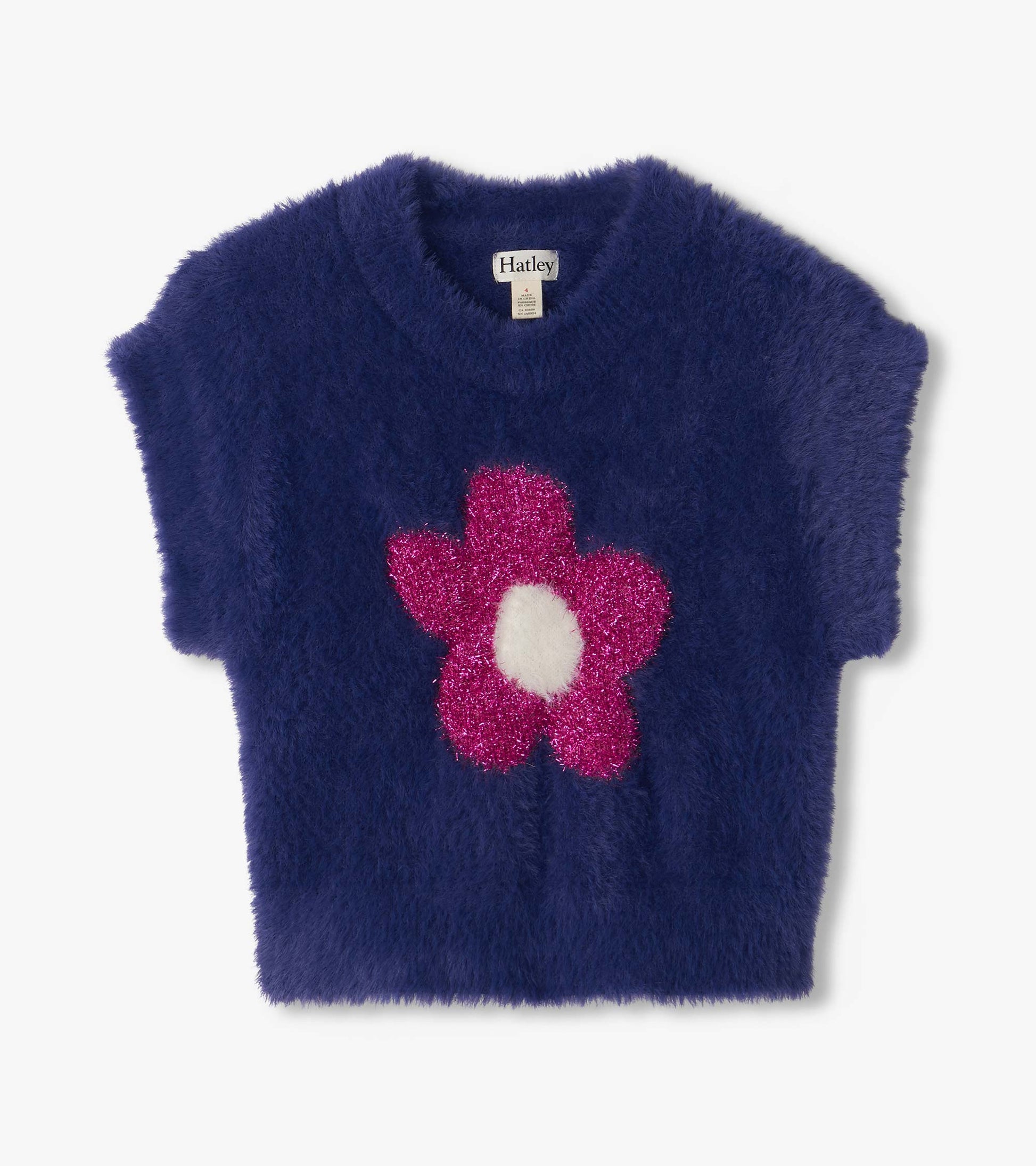 Front view of fuzzy blue sweater vest with a large pink flower and white center