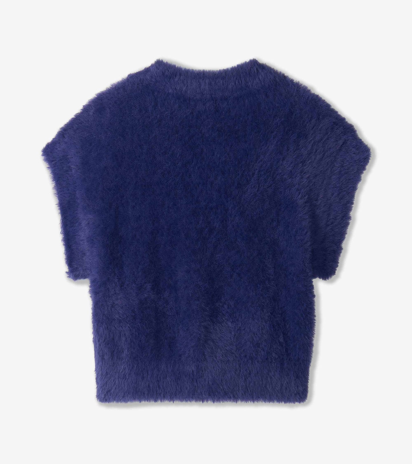 Back view of fuzzy blue sweater vest with cap sleeves and ribbed hem