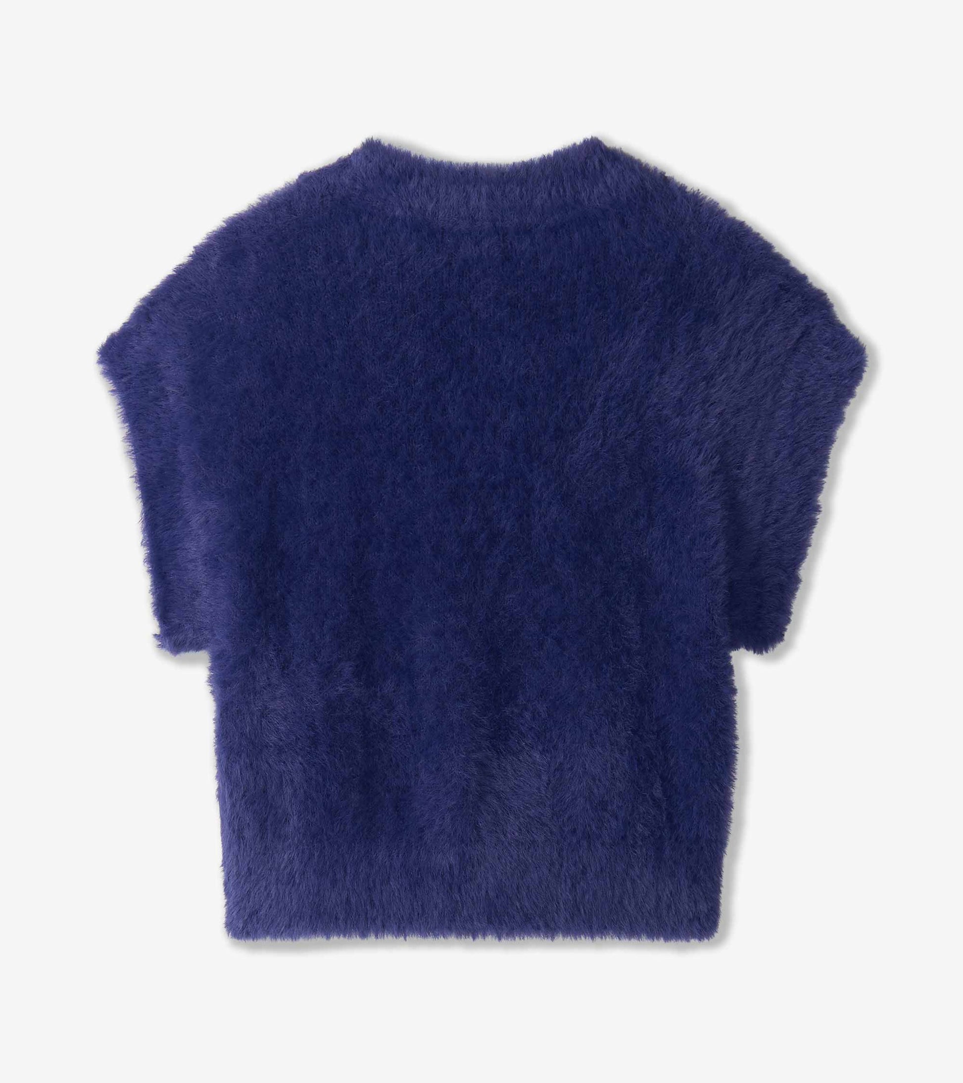 Back view of fuzzy blue sweater vest with cap sleeves and ribbed hem