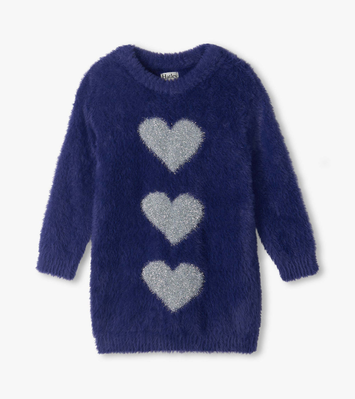 Front view of girls patriot blue fuzzy sweater dress with three silver heart shapes down the front