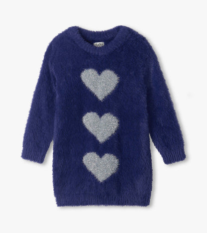 Front view of girls patriot blue fuzzy sweater dress with three silver heart shapes down the front