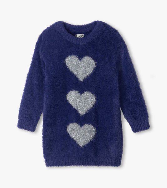 Front view of girls patriot blue fuzzy sweater dress with three silver heart shapes down the front