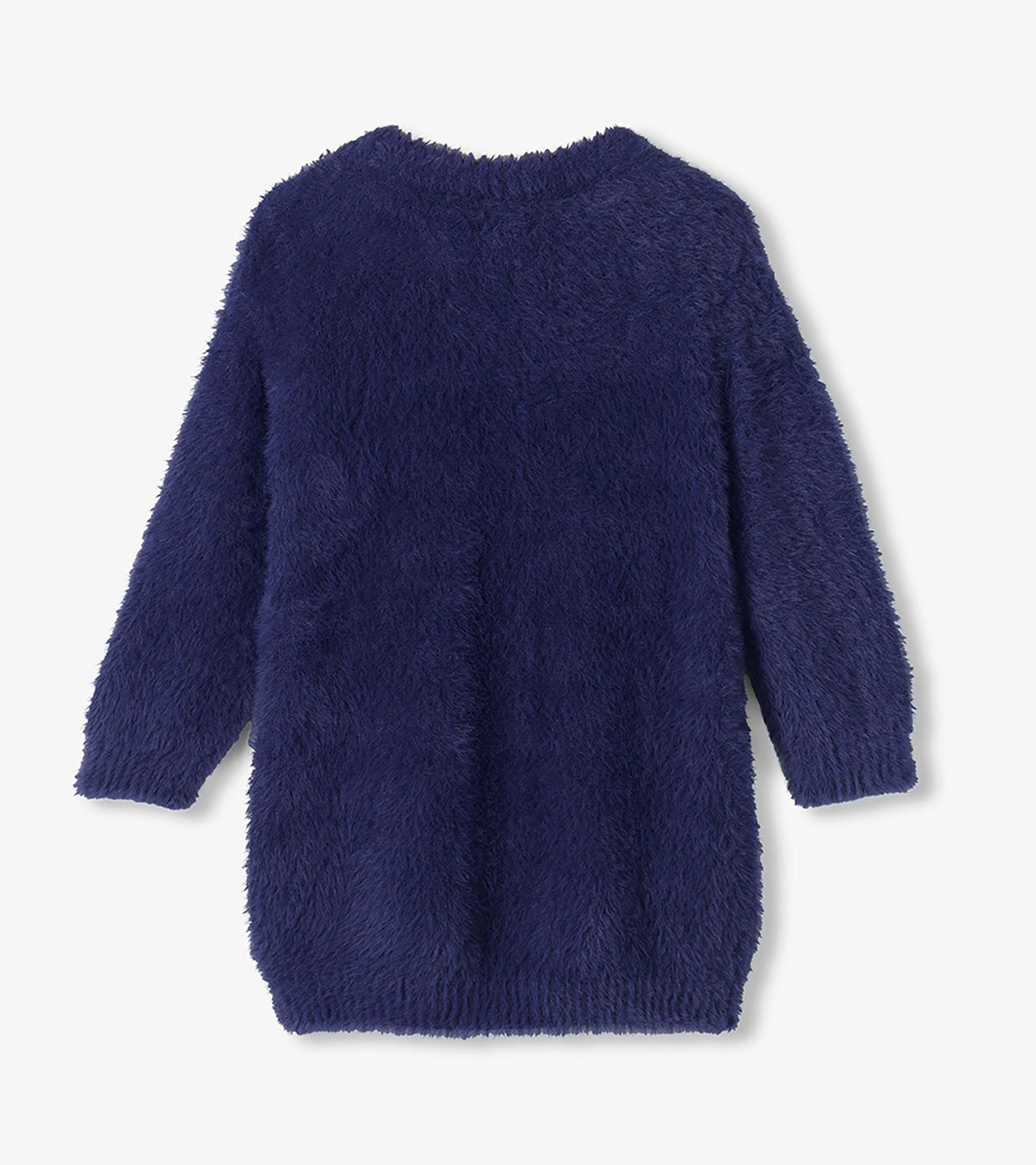 Back view of girls patriot blue fuzzy sweater dress with long sleeves and ribbed hem