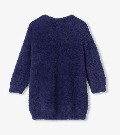 Back view of girls patriot blue fuzzy sweater dress with long sleeves and ribbed hem