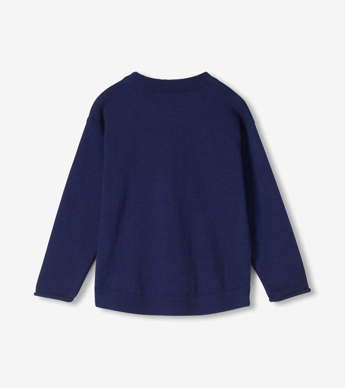 Back view of a navy long sleeve crew neck girls sweater with ribbed hem and cuffs