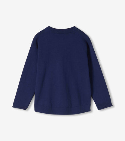 Back view of a navy long sleeve crew neck girls sweater with ribbed hem and cuffs
