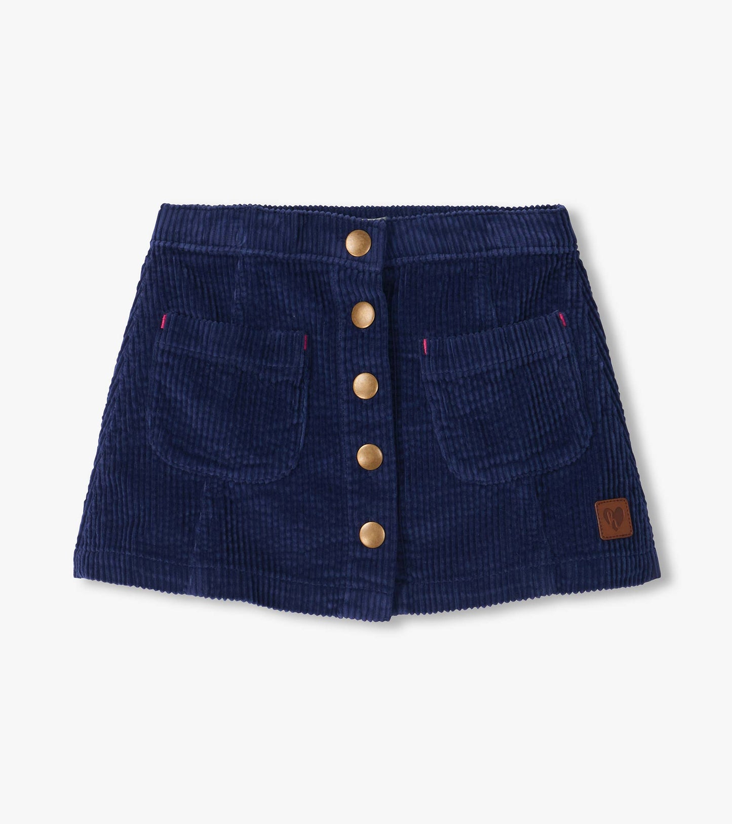 Patriot blue A-line skirt with front snap buttons, two front pockets, and a small patch near the hem