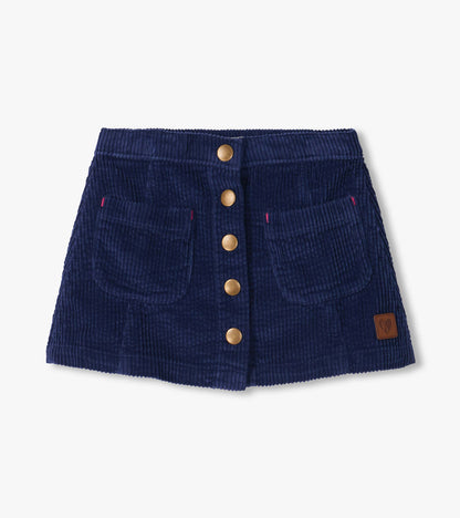 Front view of girls patriot blue A-line skirt with snap placket, front patch pockets, and heart patch