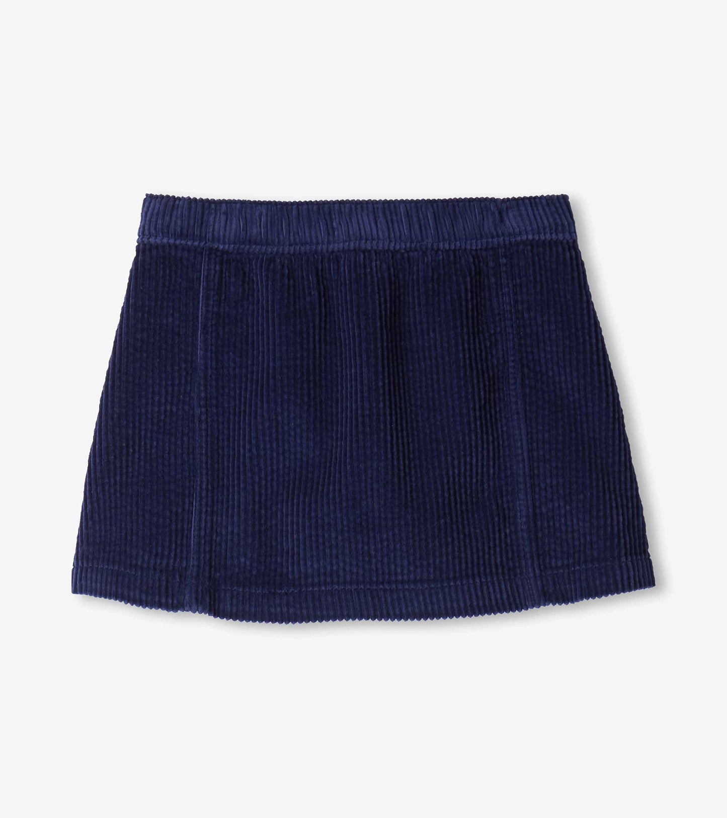 Back view of girls patriot blue A-line skirt with elastic waistband and clean paneled design