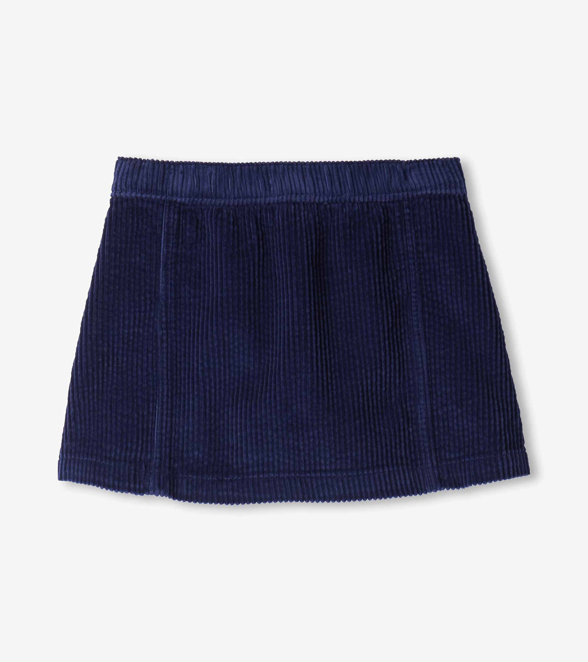 Back view of girls patriot blue A-line skirt with elastic waistband and clean paneled design