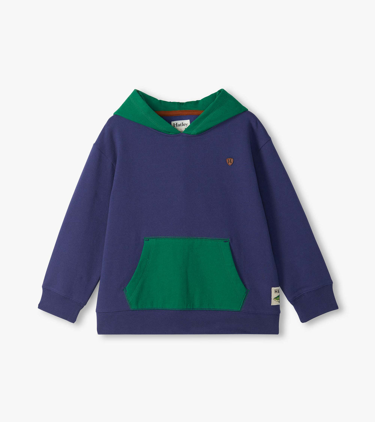 Front view of boys blue colourblock hoodie with green hood, green kangaroo pocket and chest patch