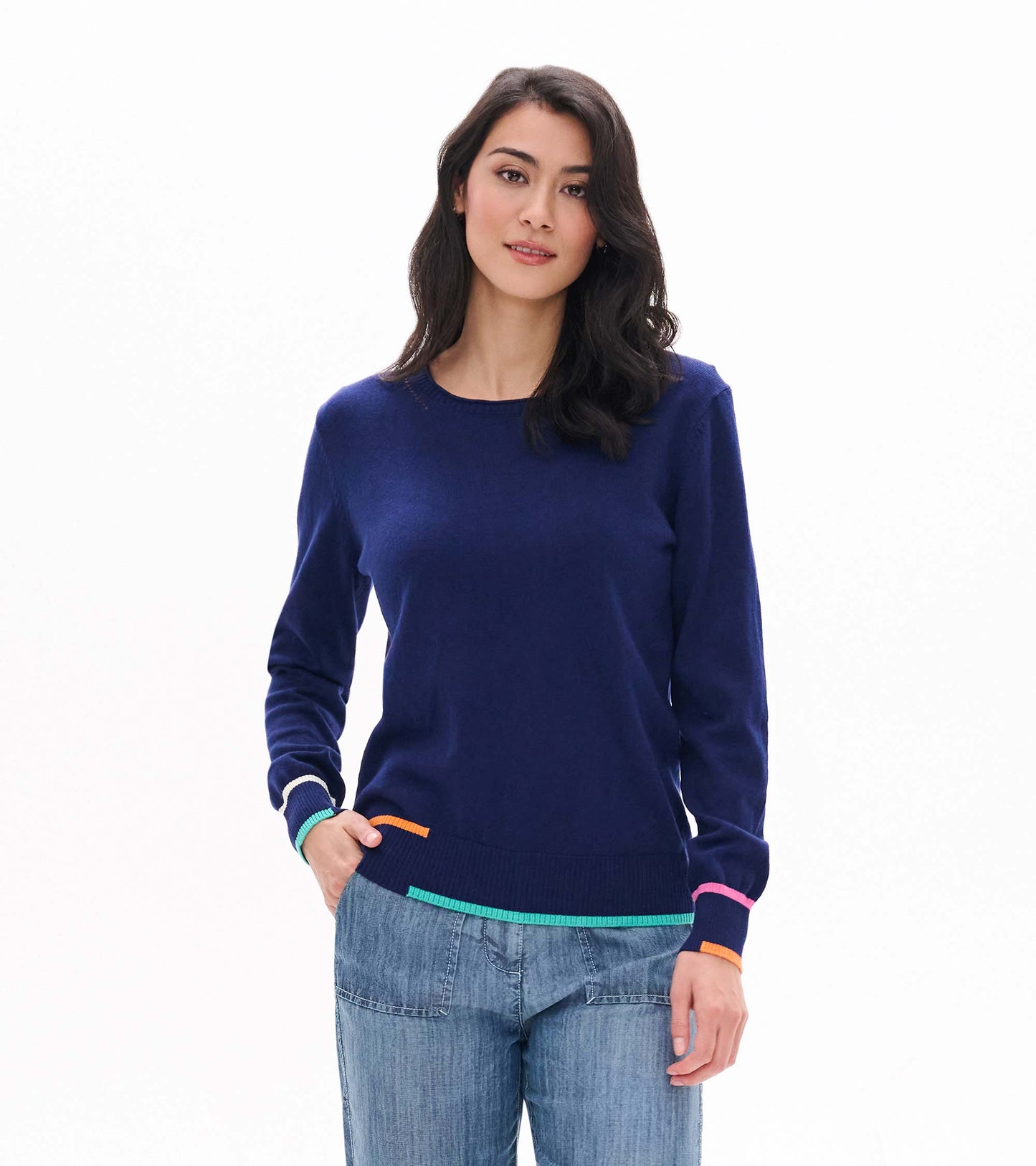 Front view of patriot blue crew neck sweater with multicolor trim at cuffs and hem