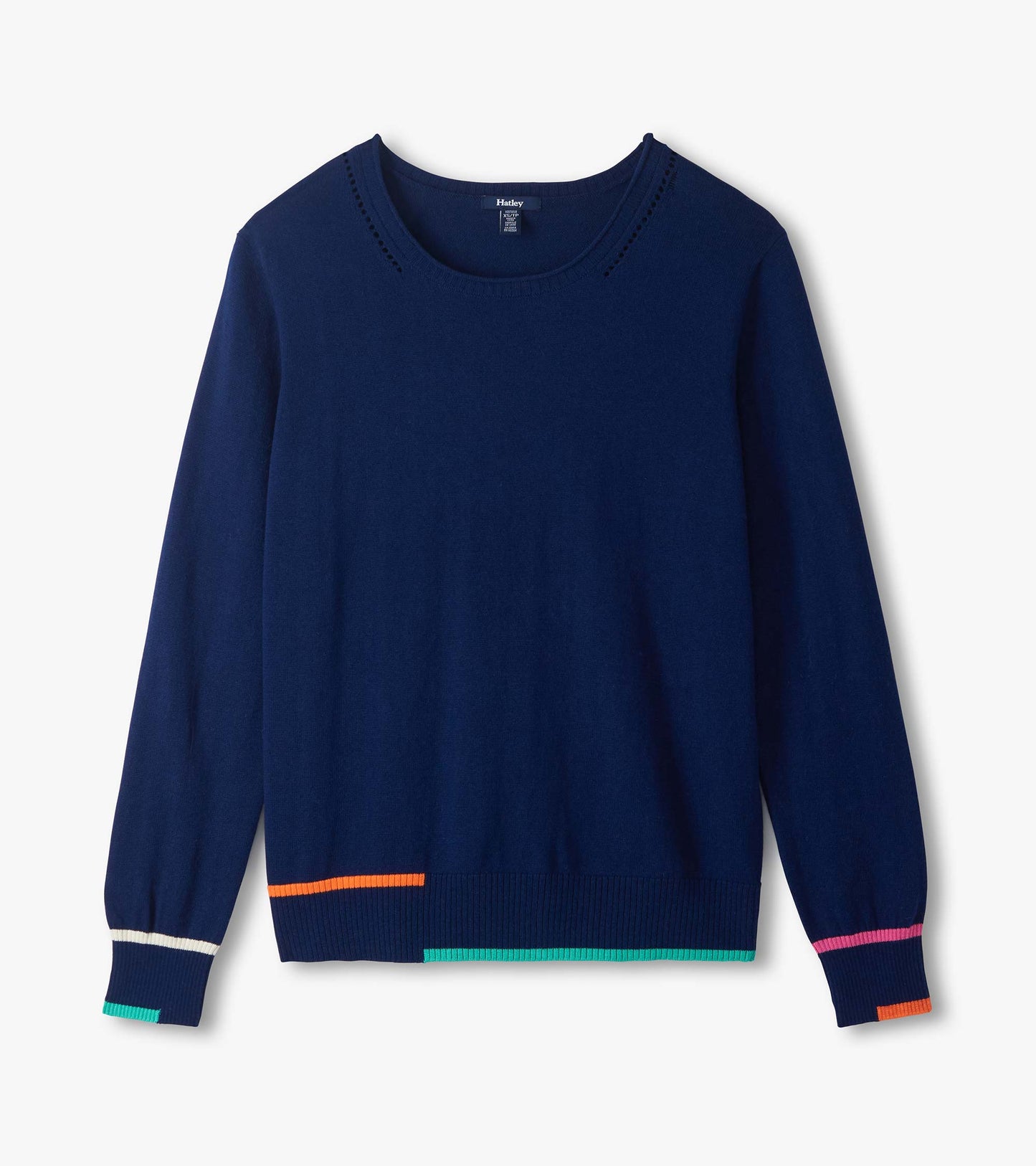 Flat lay of patriot blue crew neck sweater with long sleeves and multicolor striped hem and cuffs